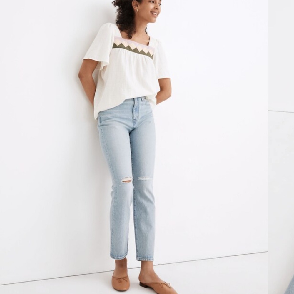 Madewell the high-rise slim crop boyjean distressed Light Blue Denim cottonblend